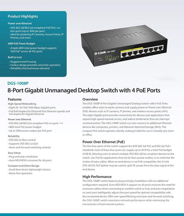 D-Link DGS-1008P 8PORT UNMANAGED 10/100/1000 4PORT POE ENET RJ45